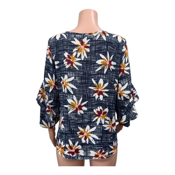 VAN HEUSEN Women SZ M Navy Blue Floral Basic Casual Top Blouse Ruffle 3/4 sleeve - Picture 8 of 16